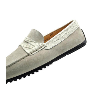 Zelli Italia Monza Men's Shoes White Calf-Skin Suede & Crocodile Skin Driver (ZEL1044)