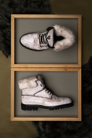 Mauri 3240/7 white alligator and mink sneaker, lifestyle photograph