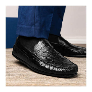 Zelli Italia Monza Men's Shoes Black Ostrich Skin Driver (ZEL1047)