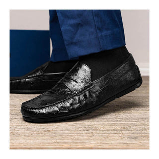 Zelli Italia Monza Men's Shoes Black Ostrich Skin Driver (ZEL1047)