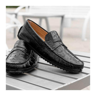 Zelli Italia Monza Men's Shoes Black Ostrich Skin Driver (ZEL1047)