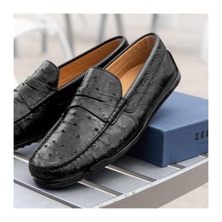 Zelli Italia Monza Men's Shoes Black Ostrich Skin Driver (ZEL1047)
