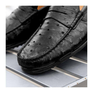 Zelli Italia Monza Men's Shoes Black Ostrich Skin Driver (ZEL1047)