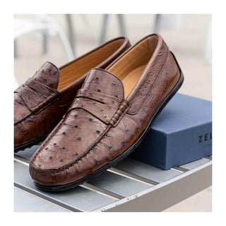 Zelli Italia Monza Men's Shoes Brown Ostrich Skin Driver (ZEL1047)