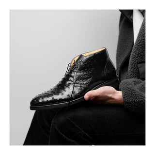 Zelli Italia Marco Men's Shoes Black Ostrich Skin Chukka Boot (ZEL1069)