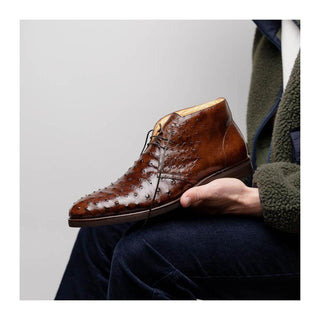 Zelli Italia Marco Men's Shoes Brown Ostrich Skin Chukka Boot (ZEL1069)