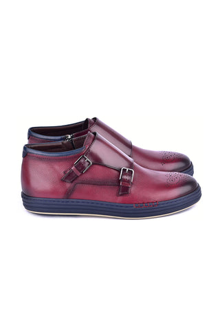 Corrente 4302 Leather Double Monk-Strap Sneaker - Burgundy
