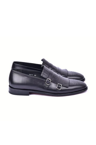 Corrente 5211 Leather Kiltie Double Monk Strap - Black