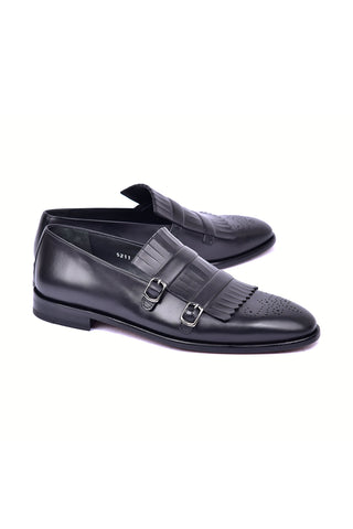 Corrente 5211 Leather Kiltie Double Monk Strap - Black
