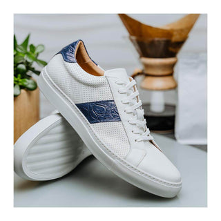 Zelli Italia Olympias Men's Shoes White & Navy Crocodile Skin / Calf-Skin Leather Sneaker (ZEL1057)