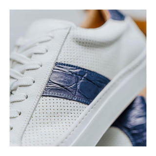 Zelli Italia Olympias Men's Shoes White & Navy Crocodile Skin / Calf-Skin Leather Sneaker (ZEL1057)