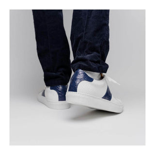 Zelli Italia Olympias Men's Shoes White & Navy Crocodile Skin / Calf-Skin Leather Sneaker (ZEL1057)