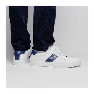Zelli Italia Olympias Men's Shoes White & Navy Crocodile Skin / Calf-Skin Leather Sneaker (ZEL1057)