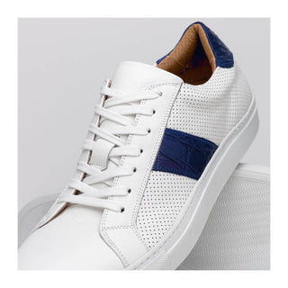 Zelli Italia Olympias Men's Shoes White & Navy Crocodile Skin / Calf-Skin Leather Sneaker (ZEL1057)
