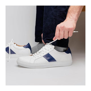 Zelli Italia Olympias Men's Shoes White & Navy Crocodile Skin / Calf-Skin Leather Sneaker (ZEL1057)