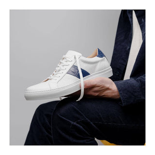 Zelli Italia Olympias Men's Shoes White & Navy Crocodile Skin / Calf-Skin Leather Sneaker (ZEL1057)