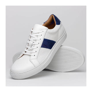 Zelli Italia Olympias Men's Shoes White & Navy Crocodile Skin / Calf-Skin Leather Sneaker (ZEL1057)