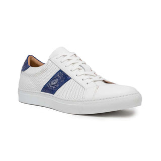 Zelli Italia Olympias Men's Shoes White & Navy Crocodile Skin / Calf-Skin Leather Sneaker (ZEL1057)