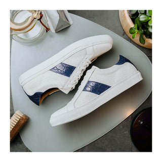 Zelli Italia Olympias Men's Shoes White & Navy Crocodile Skin / Calf-Skin Leather Sneaker (ZEL1057)