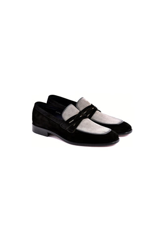 Corrente black and gray perforated lizard skin and suede leather loafers with a classic slip-on design and leather sole.