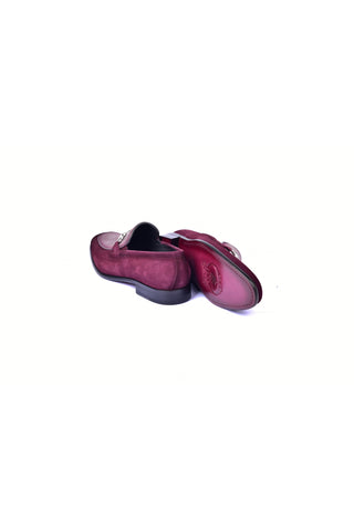 Burgundy and taupe perforated lizard suede leather loafers with a polished leather sole and metal bit detail.