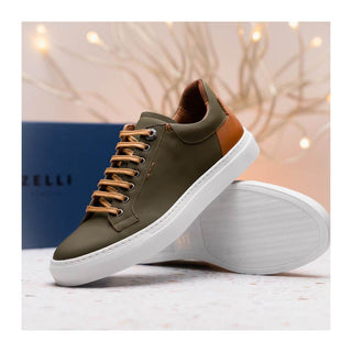 Zelli Italia Diaz Men's Shoes Olive Rubberized Calf-Skin Leather Sneaker (ZEL1062)