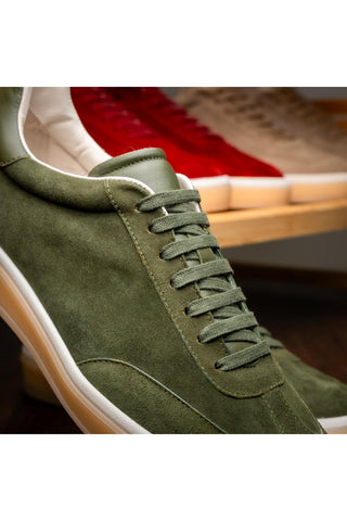 Zelli Italia Gotti olive suede and leather lace-up sneaker with a white rubber sole and minimalist Italian design.
