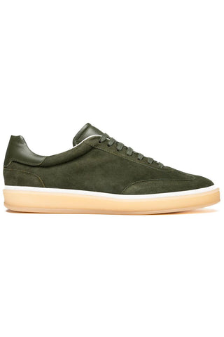 Zelli Italia Gotti olive suede and leather sneaker with a white midsole and gum rubber outsole.