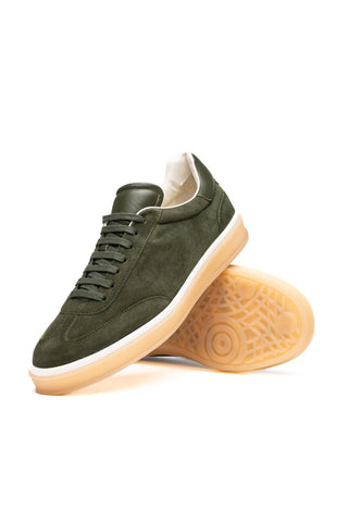 Zelli Italia Gotti olive suede and leather sneaker with a gum rubber outsole and minimalist European design.