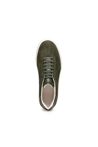 Zelli Italia Gotti olive suede and leather lace-up sneaker with a white rubber sole.