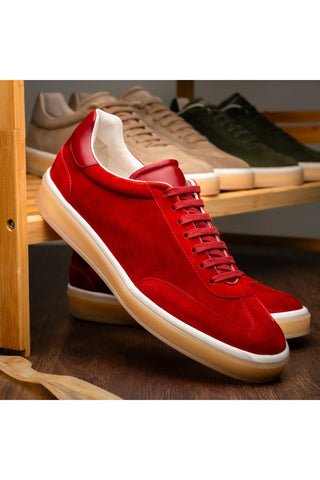Zelli Italia Gotti red suede and leather sneaker with a white rubber sole and minimalist European design.
