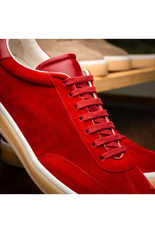 Zelli Italia Gotti red suede and leather lace-up sneaker with a white rubber sole and minimalist design.