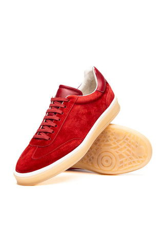 Zelli Italia Gotti red suede and leather lace-up sneaker with a gum rubber outsole.
