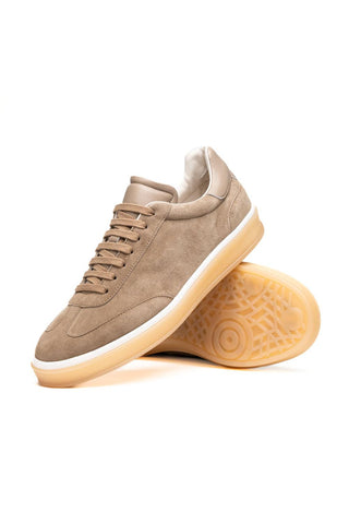 Zelli Italia Gotti taupe suede and leather lace-up sneaker with a gum rubber outsole.