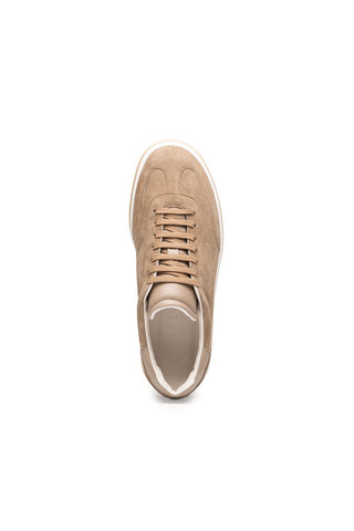 Zelli Italia Gotti taupe suede and leather sneaker with a minimalist design and white rubber sole.