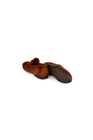 Corrente 7373S men's tan suede horse-bit loafers with a soft sole, shown from a rear and side angle.