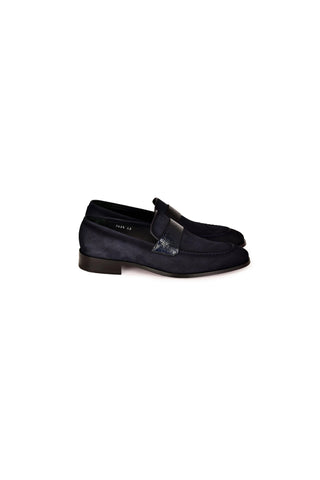Navy blue suede loafer with a Vita leather vamp and smooth leather sole in a refined slip-on design.