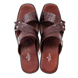 Artioli Elba Men's Luxury Italian Shoes Crocodile Print Leather Slip-On Sandal (ART1143)