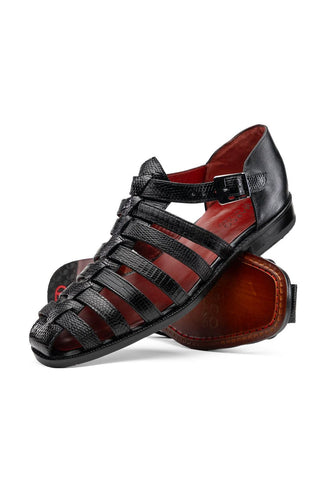 Albero Lizard & Leather Sandal - Black-Dellamoda