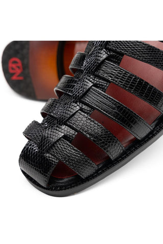 Albero Lizard & Leather Sandal - Black-Dellamoda