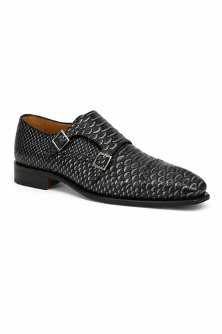 Ambrogio 40418-A147 Black Lorando Snake Embossed / Leather Monk-Straps Loafers (AMBXS1010)