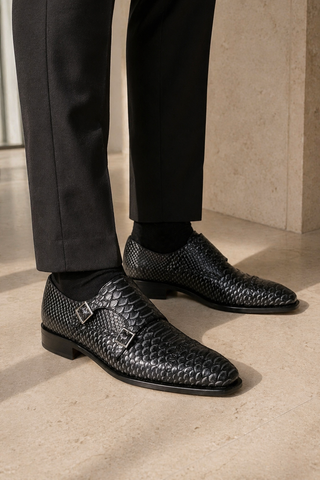 Ambrogio 40418-A147 Black Lorando Snake Embossed / Leather Monk-Straps Loafers (AMBXS1010)