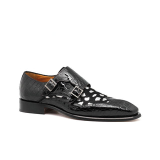 Ambrogio 40421-A147 Men's Shoes Black & White Corodile Print / Pony / Patent Leather Monk-Straps Loafers (AMBX1013)-AmbrogioShoes