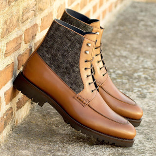 Ambrogio Bespoke Black & Brown Herringbone Fabric / Leather Mocassin Boots (AMB2264)