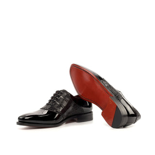 Ambrogio Bespoke Black Crocodile Embossed / Patent Formal Saddle Oxfords (AMB2285)