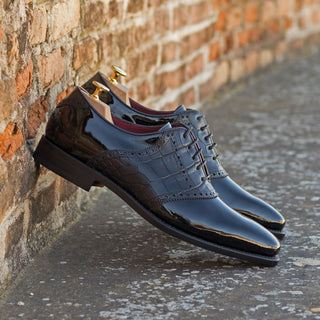 Ambrogio Bespoke Black Crocodile Embossed / Patent Formal Saddle Oxfords (AMB2285)