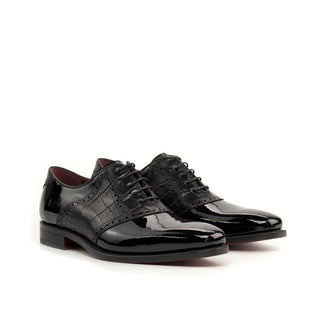 Ambrogio Bespoke Black Crocodile Embossed / Patent Formal Saddle Oxfords (AMB2285)
