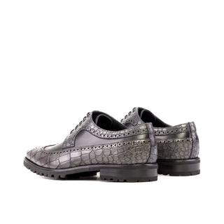 Ambrogio Bespoke Black & Gray Crocodile Embossed / Leather Wingtip Derby Oxfords(AMB2271)