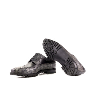 Ambrogio Bespoke Black & Gray Crocodile Embossed / Leather Wingtip Derby Oxfords(AMB2271)