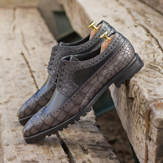 Ambrogio Bespoke Black & Gray Crocodile Embossed / Leather Wingtip Derby Oxfords(AMB2271)